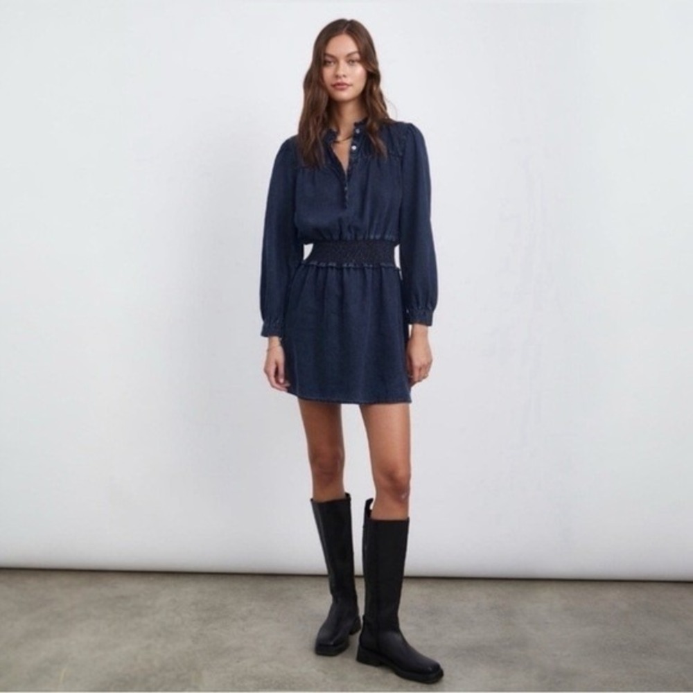 Rails Indigo Lyocell Tencel Smocked Waist Ruffle Mini Dress Dark‎ Blue Large